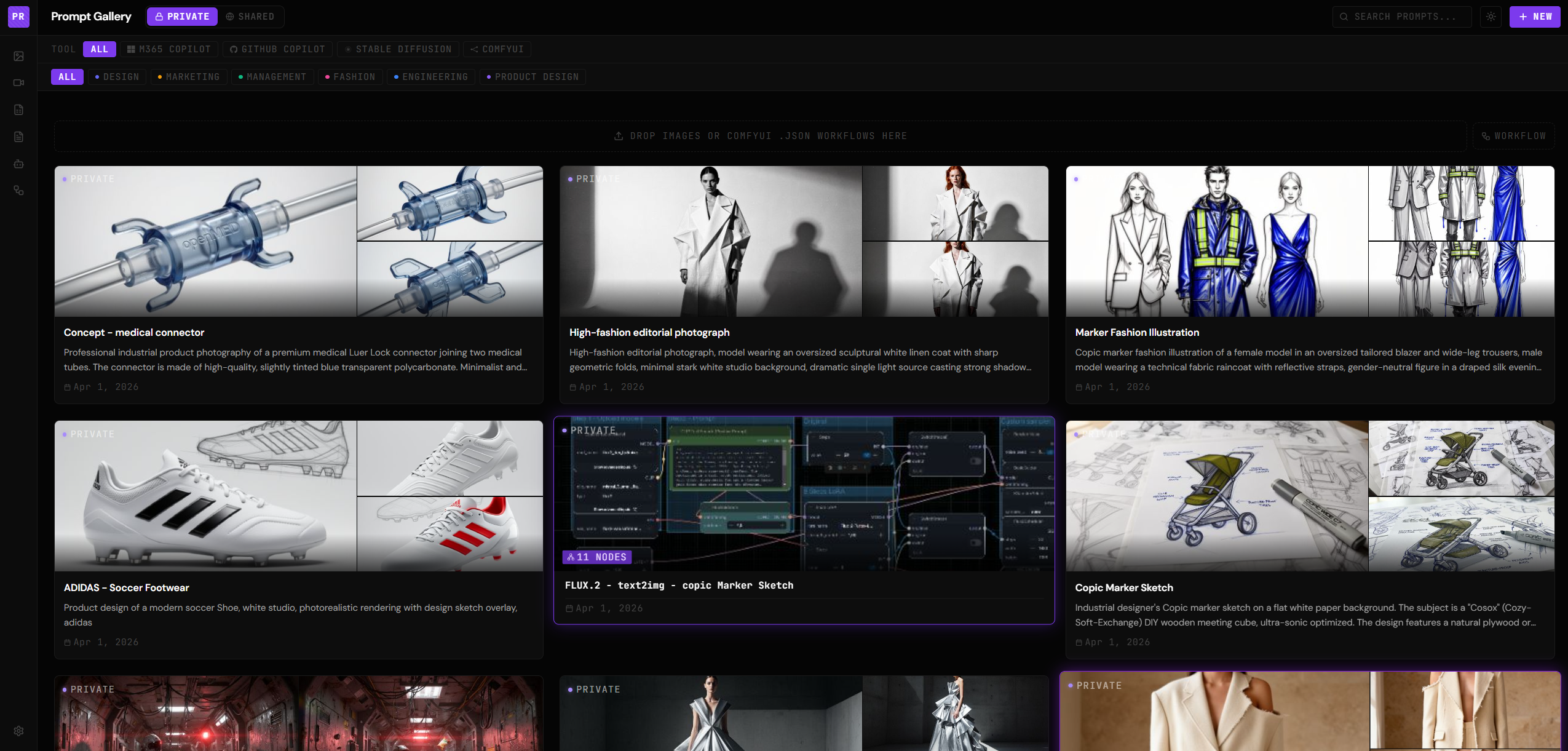 OPL — OpenPromptLibrary, gallery view in dark mode with card grid, tool filter, and category filter